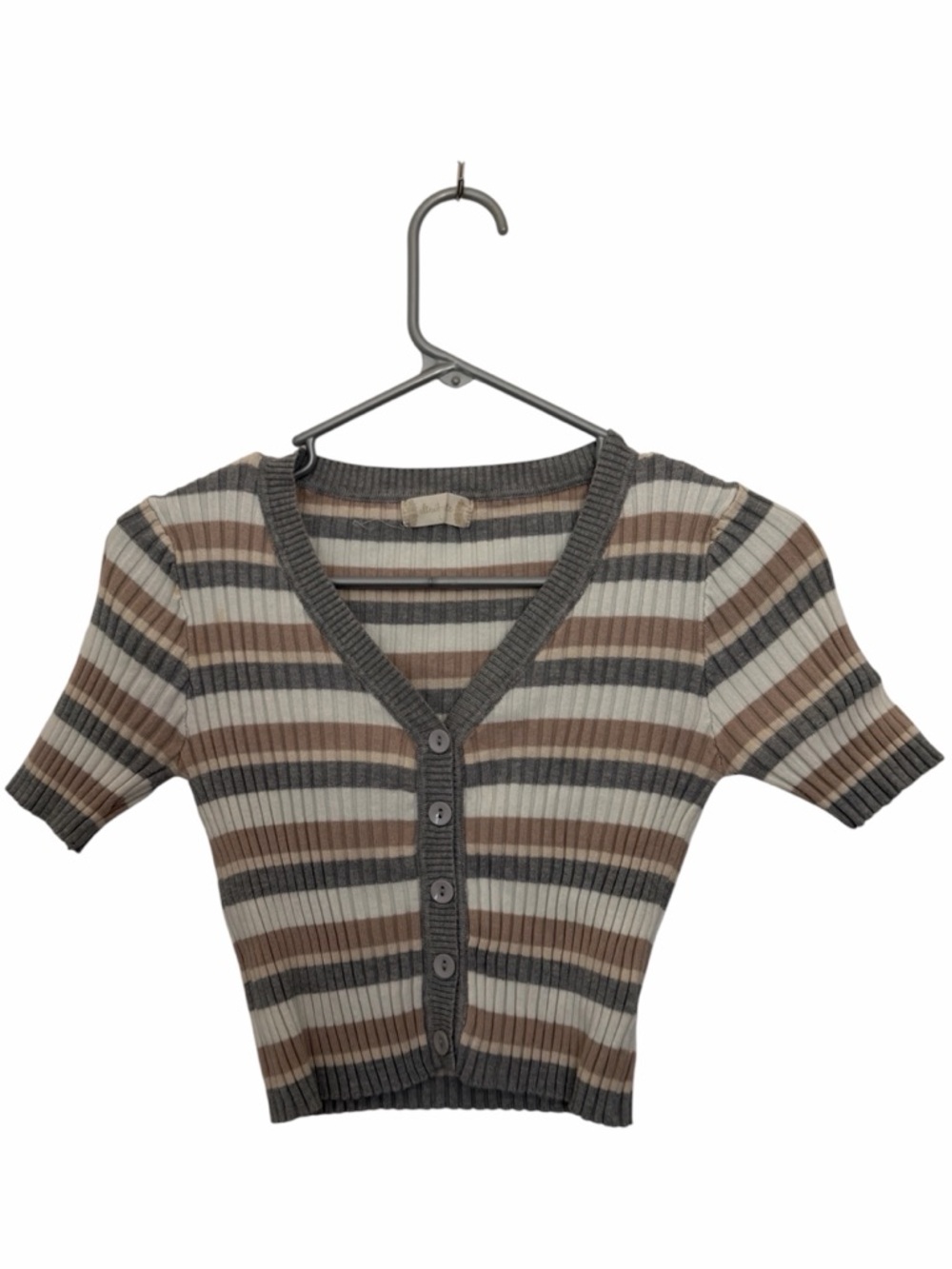 Altar'd State Gray White Brown Short Sleeve Ribbed Striped Button Down Top